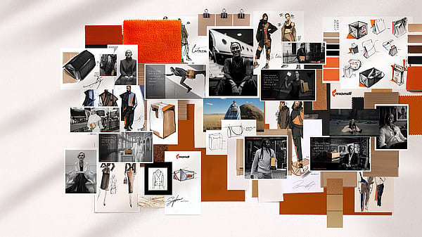 Ein Moodboard mit Modefotos, Entwurfsskizzen, Mondi-Verpackungen und orangefarbenen Mondi-Stoffen.